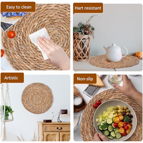 Image of Defined Deco Woven Placemats Set of 6,12 inch Round Rattan Placemats,Natural Hand-Woven Water Hyacinth Placemats,Farmhouse Weave Place Mats,Rustic Braided Wicker Table Mats for Dining Table,Home,Wedding.