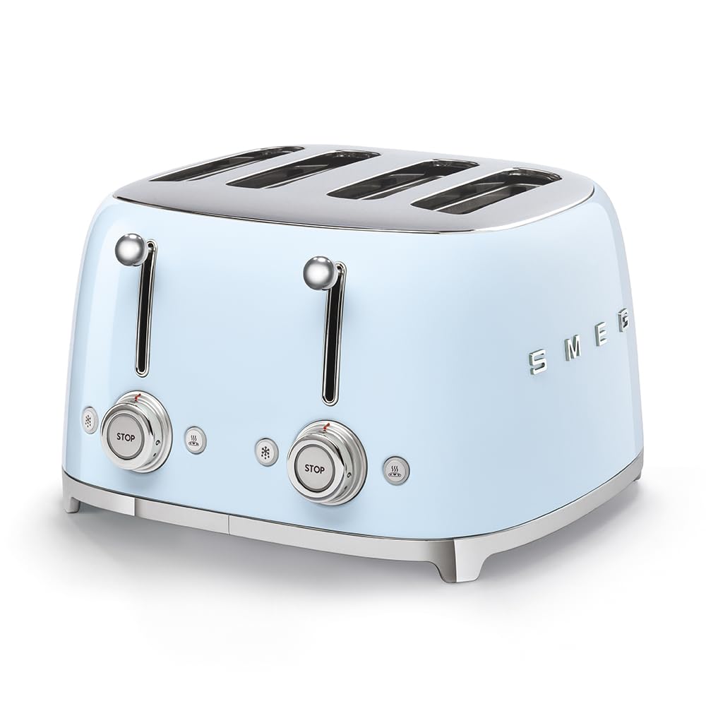 50's Style Retro Aesthetic 4 Slice Toaster 6 Presets Extra Wide Slots Pastel Blue TSF03PBUS