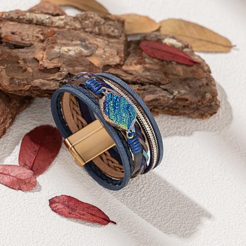 FANCY SHINY Braided Leather Bangle Bracelets Boho Resin Stone Wrap Bracelets Stackable Cuff Bracelets with Magnetic Clasp for Women4