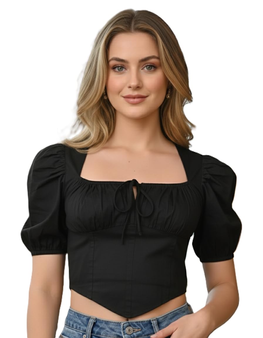 Women’s Solid Black Puff Sleeve Corset-Style Crop Top with Square Neck & Tie Detail