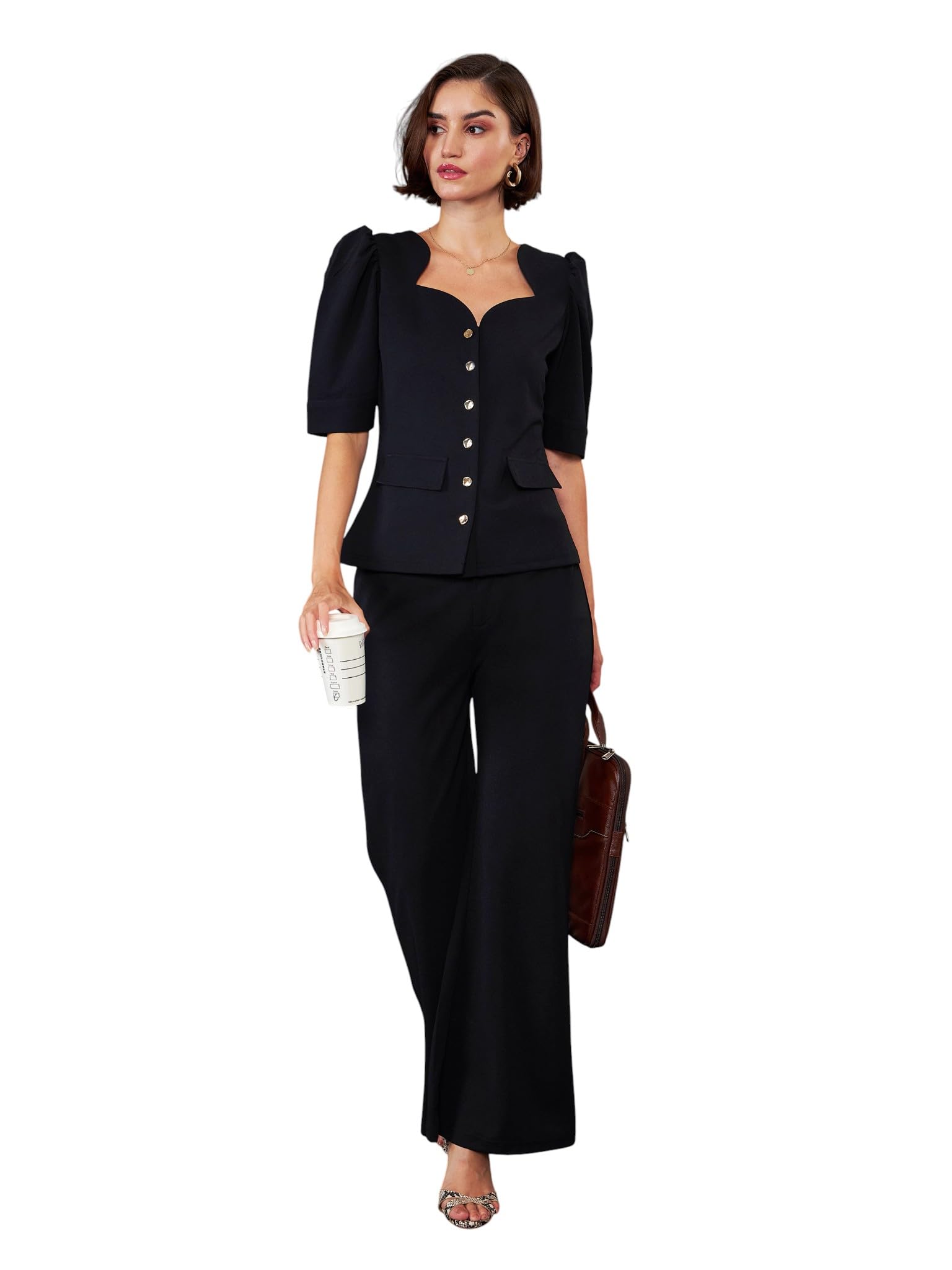 sassafras worklyf Women's Puff Sleeves Top with Bell Bottom Pants-picture-33