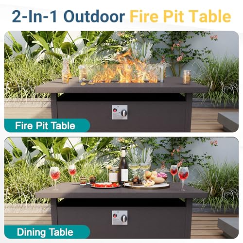 Image of Outdoor Furniture Set, Patio Conversation Set Include 2 x 3-Seater and Fire Pit Table for Deck, Porch, Garden, Backyard, Poolside (Beige, 3-Piece)