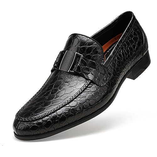 Image of Mens Leather Penny Loafers, Classic Crocodile Printed Business Dress Shoes with Metal Buckle Slip on Penny Shoes for Mens