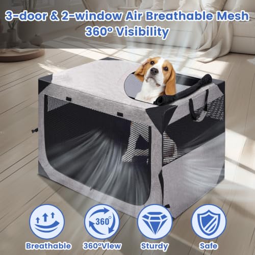 Dog Crate,36x25x25 Inch Large Dog Crate for Large or Medium Dogs, Portable and Foldable Design of Dog Cage, Perfect for Travel or Home Use, Dog Kennel with 2-Door and Durable Mesh Windows, Light Grey