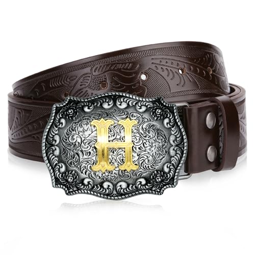 Image of Mens Western Cowboy Cowgirl Faux Leather Belt Longhorn Bull Pattern Letter Big Buckle Embossed Floral Belts