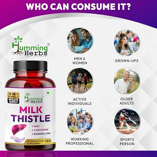 Image of Humming Herbs Milk Thistle Supplement 1140mg Liver Support Formula with NAC, Curcumin, Dandelion and Black Pepper - Bioavailable Detox Supplement - Capsules - 180 Count