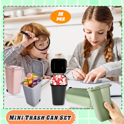 Image of 16 Pcs Mini Desk Trash Can Colorful Small Desktop Trash Can Bulk Miniature Curbside Garbage Bin with Lids Tiny Plastic Desktop Garbage Can for Home School Pen Holder Desk Organizer