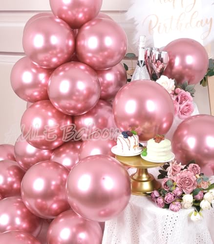 Image of AULE 50Pcs Metallic 12 Inch Pink Chrome Helium Shiny Thicken Balloon | Party Balloons Perfect Decoration for Wedding Birthday Shower Graduation Carnival