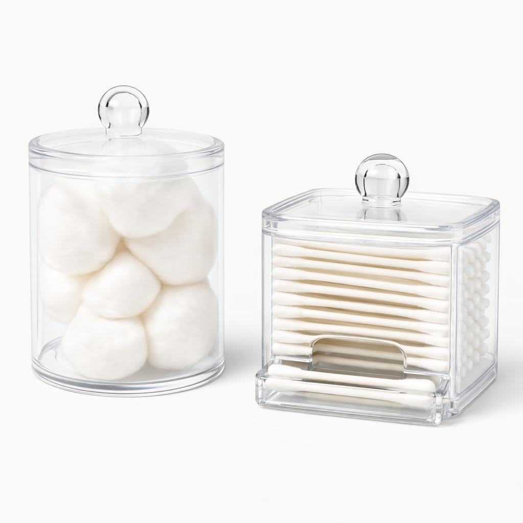 Vitaro Pre-Filled Cotton Bud & Ball Set – Clear Acrylic Bathroom Storage Jars With Lids – Ready-To-Use Cotton Wool Pad Holder For Bathroom Organisation – Vanity Decor Bathroom Accessories