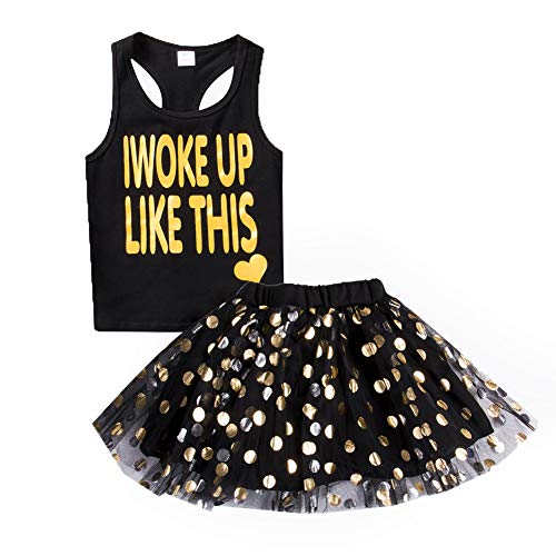 HZYBABY Toddler Baby Girls Summer 2pcs Birthday Party Outfits Sleeveless T-Shirt Top +Sparkle Sequins Dot Tutu Skirt Set Black, 4T
