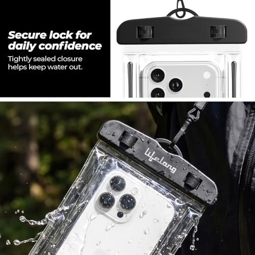 Image of Lifelong Waterproof Mobile Rain Pouch with Plastic Air Lock, Black | IPX8 Waterproof Case for Smartphiones & iPhones | Transparent Pouch for Swimming Pool, Beach, Diving | Heavy-Duty Lanyard