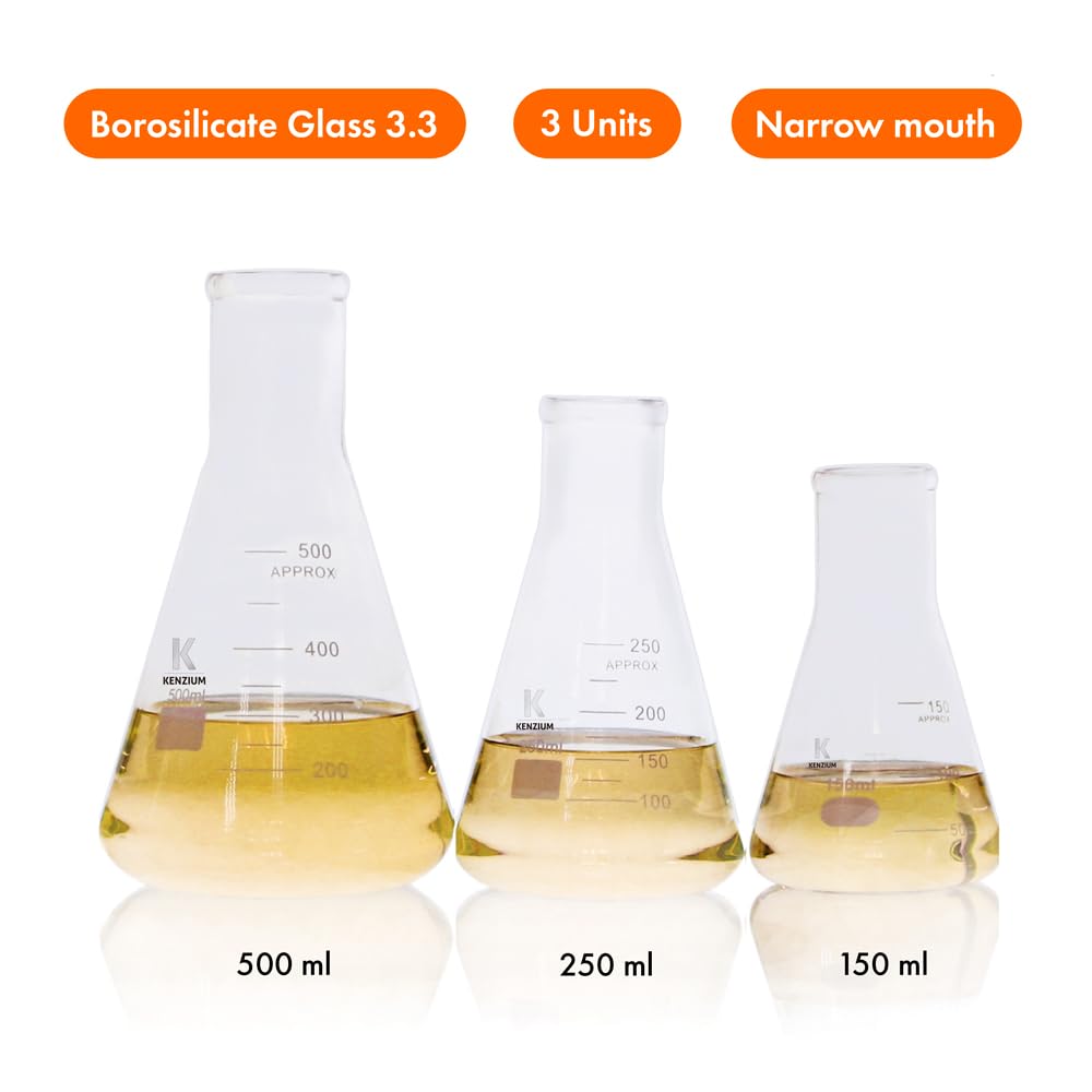KENZIUM - Pack 3 x Beuta Erlenmeyer | Formati: 150, 250 e 500 ml | Vetro Borosilicato 3.3 | Graduazione Stampata | Collo Stretto | Ideale Laboratorio, Scuola