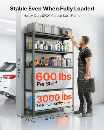Image of VEVOR Garage Shelving, 5-Tier Adjustable Storage Shelves, 3000 lbs Heavy Duty Garage Shelves, Metal Utility Rack Shelf for Garage Workshop Warehouse Basement, 48.43 inch W x 20.55 inch D x 71.38 inch H