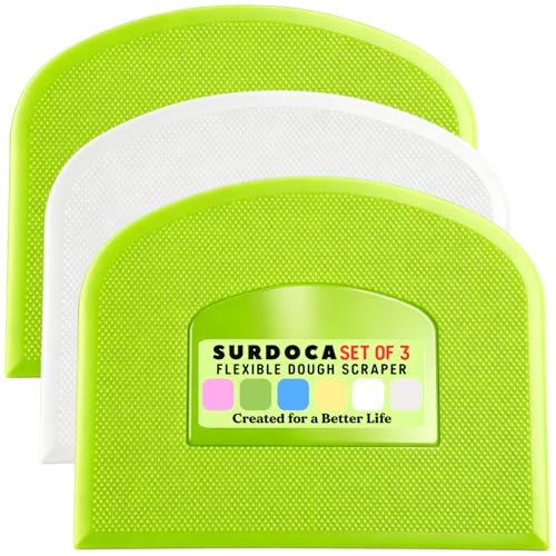 SURDOCA Dough Scraper Bench Scraper - 3P 4.7x3.7' Plastic Flexible Bowl Scraper, Sharp Edge & Angles Cake Scraper. Non-Slip Bakeware Decorating Tools Sculpting & Modeling Tools - Green+White+Green