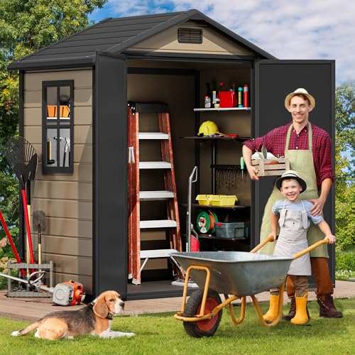 Image of DWVO 6.2x3.4 FT Outdoor Resin Storage Shed with Floor, All-Weather Bike Storage Shed with Lockable Door, Window and Vent, Waterproof Plastic Tool Storage for Garden, Backyard, Patio, Lawn, Brown