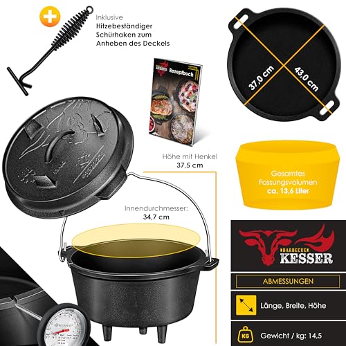 Foto von KESSER® Dutch Oven Set BBQ 13,6 Liter Feuertopf Schmortopf, Gusseisen Topf mit Deckelheber Henkel und Schlitz für Themormeter, kochkessel Grilltopf Gulaschkessel für Oudoor & Indoor