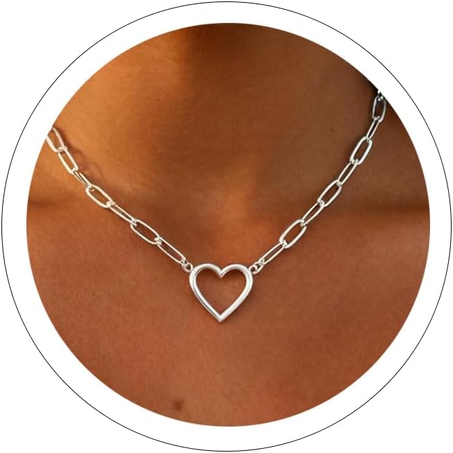 Dainty Gold Heart Necklaces for Women Silver Heart Choker Necklace Stainless Steel Thick Cuban Link Paperclip Chain Necklace with Hollow Hearts Love Pendant Chunky Statement Necklaces Delicate Trendy Jewelry for Valentine's Day Holiday Christmas Gift