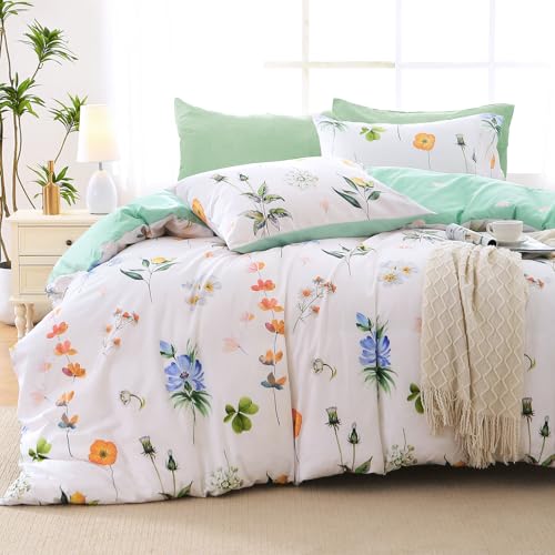 Image of MUXHOMO Multi Flower Full Comforter Set, Elegant Floral Print Bed in a Bag 7 Pieces, Ultra Soft & Breathable Reversible Botanical Pattern Bedding Set with Comforter, Sheets, Pillowcases, and Shams