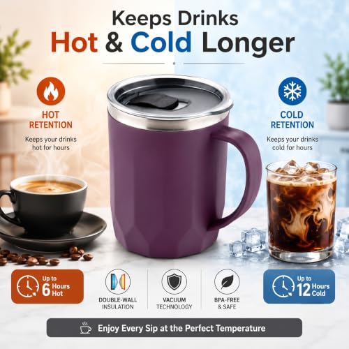 Image of MAGIC SPOON Stainless Steel Travel Coffee Mug with Sipper Lid & Handle, Insulated Tea Cup, BPA-Free Double Wall Tumbler for Hot-Cold Beverages, Office, Home, Car, Travel- Purple, (400ml X 1 Pack)