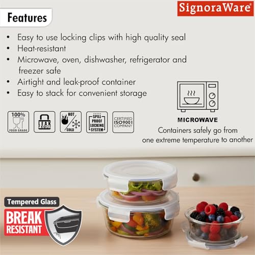 Image of Signoraware Safe N Store Glass Round Container | Airtight & Leakproof Locking Lid | Durable | Microwave Safe | Ideal For Kitchen Storage & Lunch Boxes (400ml+620ml+950ml+1.3Ltr | Set of 4 | Clear)