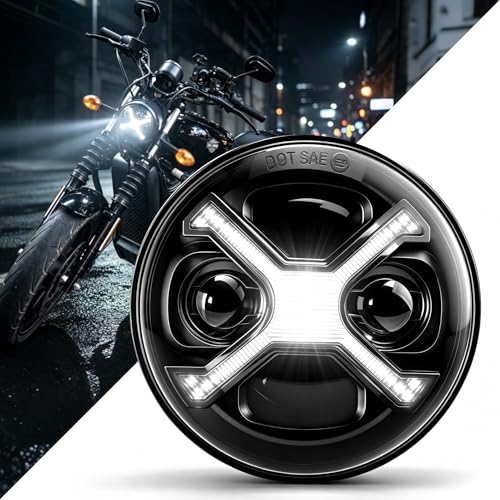 Image of 5-3 /4 inch LED Headlight with X-style DRL - Super Bright Black 5.75 Inch Projector Headlamp Fits Sportster Iron 883 Dyna Street Bob & Indian Scout Bobber (5.75 Inch White X DRL)