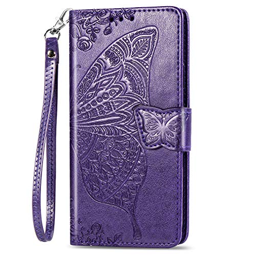 ESTIKI 適用Galaxy S25 Ultra兼用ケース 手帳型 革製 Galaxy S25 Ultra 蝶デザイン カバー ストラップ付き カード収納型レザーケース 紫色