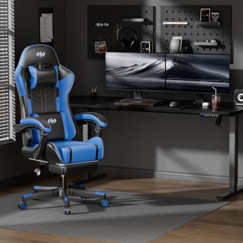 HLFURNITURE ゲーミングチェア ゲーミングチェア デスクチェア リクライニングコンピュータチェア ハイバックレスト ヘッドレスト付き ランバーサポート アームレスト 高さ調整 PUレザー フットレスト付き 簡単な組み立て(ダークブルー)