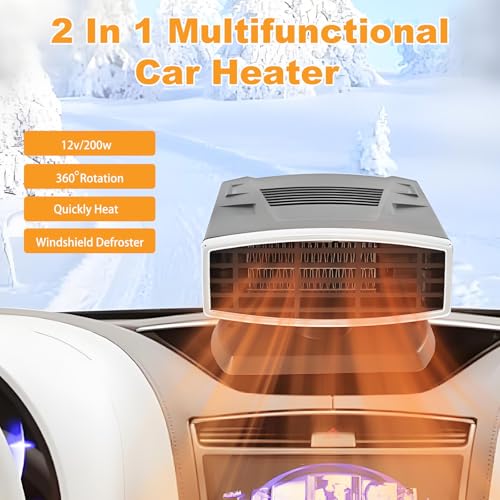 Car Heater, Portable 200W 12V Car Heater & Defroster, 2-in-1 Fast Heating & Cooling Fan, Plug in Car Heater for Windshield Defogger, 360° Rotatable Car Heaters for Vehicle,RV,SUV (Black&Silver)