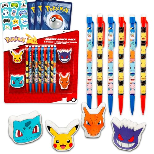 10 Count Pokemon Mechanical Pencils for Classroom Set - Bundle 10 Pencils 4 Erasers Plus Stickers More | Pokemon School Supplies for Kids Boys Girls