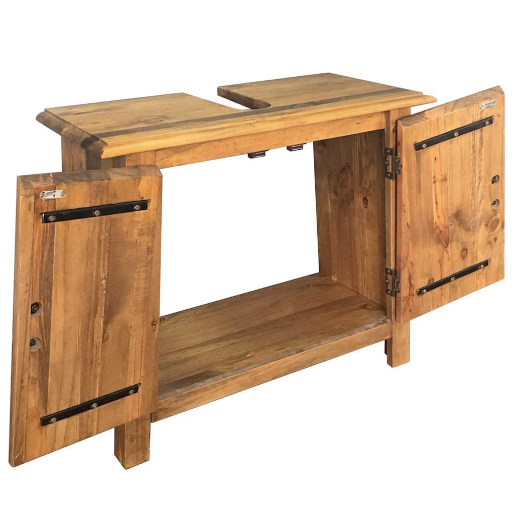 Zestaw mebli łazienkowych z litego drewna sosnowego z szafką pod umywalkę i lustrem, 70 x 32 x 63 cm, zestaw mebli łazienkowych w stylu vintage, zajmuje mało miejsca, z miejscem do