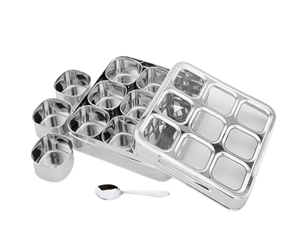 Masala Lot de 9 boîtes à épices amovibles en acier inoxydable avec couvercle en verre et 1 cuillère, boîte à épices carrée avec couvercle en verre, boîte Masala avec 1 cuillère pour cuisine