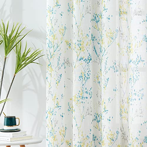 Image of Treatmentex Tree Semi Sheer Curtains for Living Room Bedroom Teal Yellow and Grey Branch on White Window Curtains 63 inch Long Watercolor Print Curtain Panels Grommet Top 2pcs