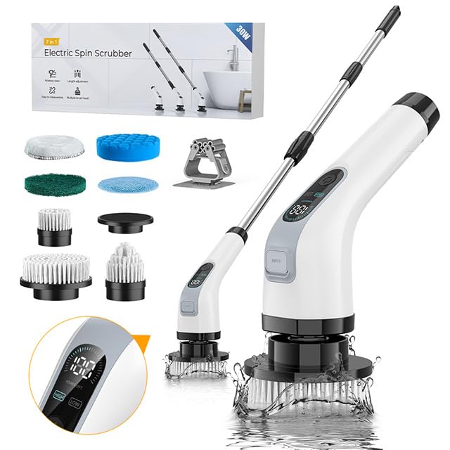 Image of Electric Spin Scrubber, Cordless Cleaning Brush Scrubber for Home, 360RPM /Mins-7 Replaceable Brush Heads-90Mins Work Time, 3 Adjustable Size, 2 Speeds for Bathroom Shower Bathtub Glass Car