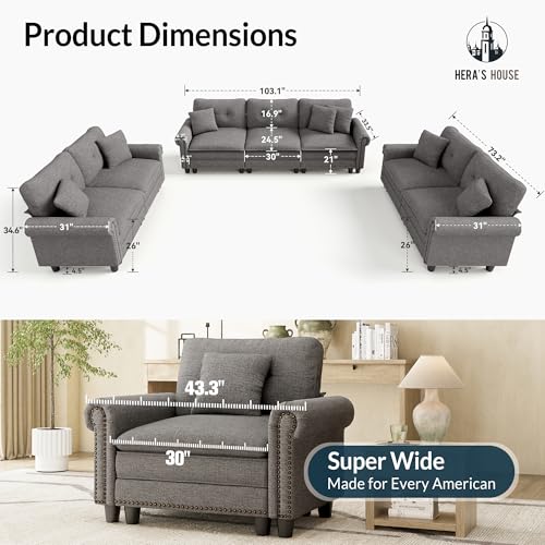 Image of HERA'S HOUSE Modular Sectional Sofa and Loveseat Set Living Room 3-Piece | Mid-Century Modern 7-Seater Cloud Sofa Set, Dark Grey, Rolled Arms & Nailhead Trim, Wider Seats, Soft Linen Furniture Set