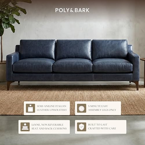 Image of Poly & Bark Sorrento Leather Couch - 86 Inch Sofa - Full-Grain Leather Sofa for Living Room with Feather Down Topper - Living Room Couch - Pure Aniline Vintage Italian Leather in Nightfall Blue