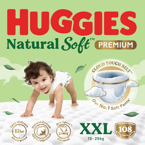 Image of Huggies Natural Soft Premium Baby Diaper Pants, Our No.1 Soft Pants, Double Extra Large (XXL) Size (15-25 Kgs), Combo Pack of 108 diapers | Cloud Softness All over with India's 1st Cloud Touch BeltTM
