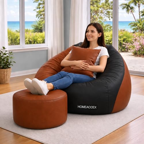 Image of 6XL Rexin Leather Filled Bean Bag with Cushion Footstool Jumbo Bean Bag with Filled Beans, Capacity Upto 150 Kg Weight, Black & Brown