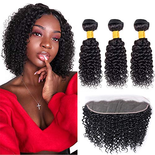 ZILING Brazilian Kinky Curly Hair Bundles With Frontal Closure Free Part Jerry Curl Human Hair Weave 3 Bundles With Lace Frontal 13x4 Ear To Ear Natural Black 8A Grade (10 10 10+frontal 10)