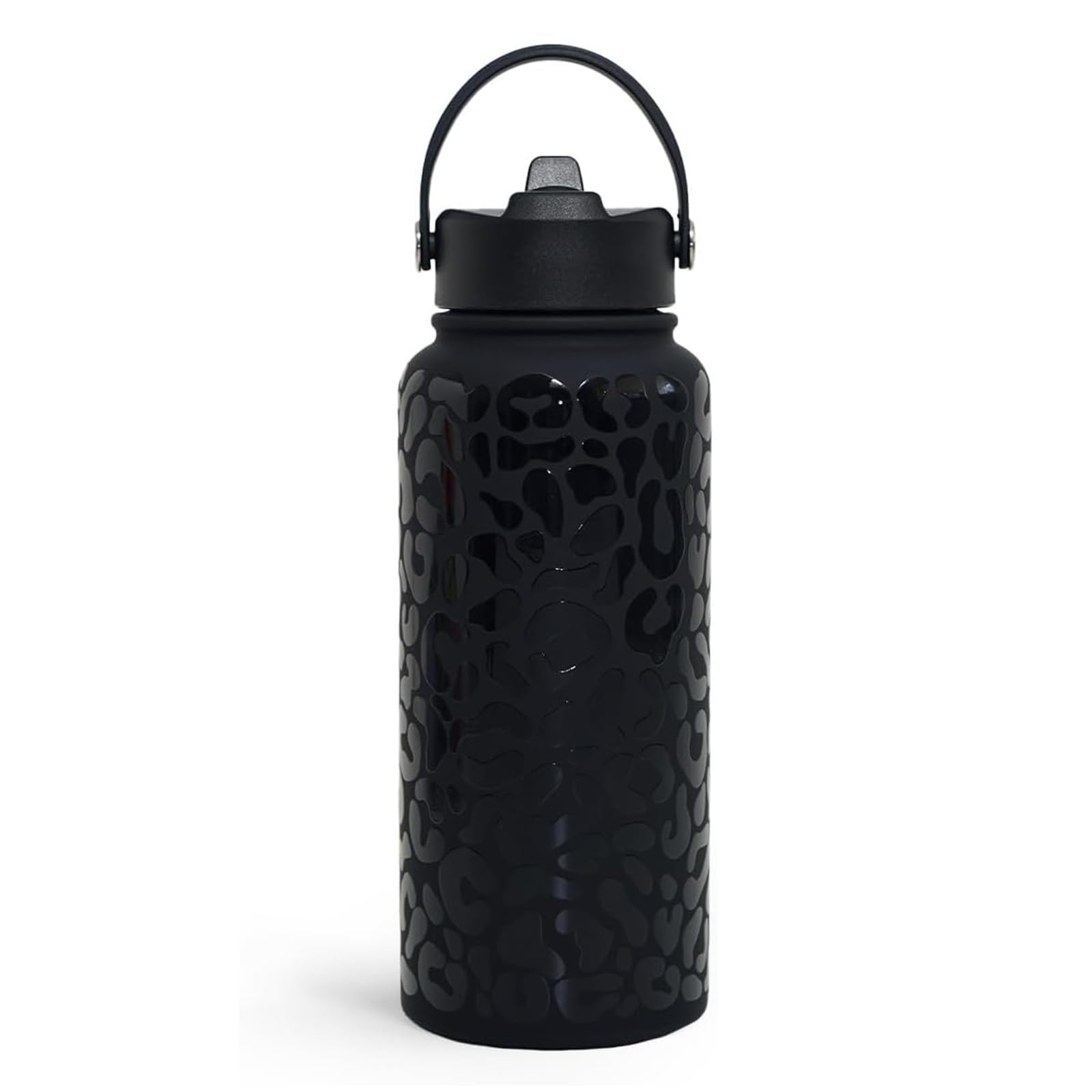 Bryxora Insulated Water Bottle 950ml with Straw Lid - 24 Hours Cold - Iced for 48 Hours - Leakproof - BPA Free - Easy to Carry - Vacuum Insulated Double Walled Stainless Steel Flask (Black Leopard)
