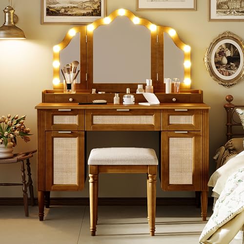 Image of JIVOIT 44.37 inch Makeup Vanity Desk with Tri-Fold Mirror, Large Vanity Table with 5 Drawers and Shelves and 2 Cabinets, Dressing Table, Easy Assembly