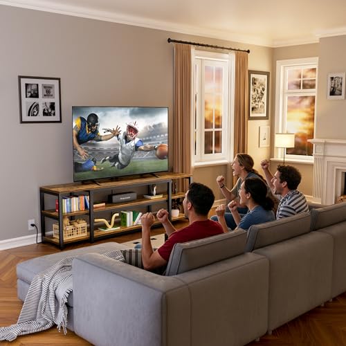 Image of Aquzee 85 inch TV Stand with LED Lights & Power Outlet, Entertainment Center for 70-75-80-85Inch TV, 75.2 inch Wide Wood Television Console Table for Living Room Bedroom Gaming Room, Brown