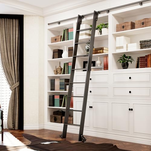 DIYHD 96 Sliding Library Ladder with 8 Steps Telescopic Top Hook Lightweight Rolling Ladder with Upright Space-Saving Storage Kit with 4FT Sliding Rail Bottom Rollers 300lbs Capacity Black