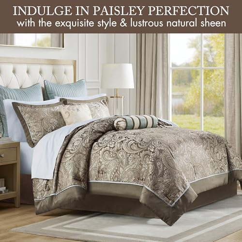 Image of Madison Park Aubrey Cozy Comforter Set, Faux Silk Jacquard Paisley Design - All Season Down Alternative Bedding with Cotton Bed Sheets, Bed Skirt & Toss Pillows, California King Blue 12 Piece