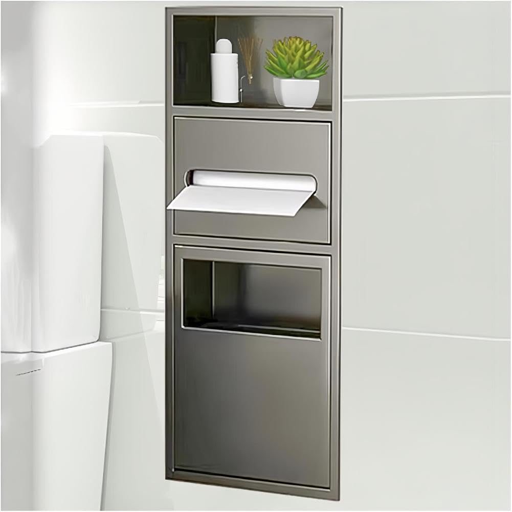 TIANQIHAO Stainless Steel Shower Niche With Built-In Trash Can And Toilet Paper Holder, Space-Saving Bathroom Storage For Homes, Restaurants, Hotels,Black-70X28X13.5cm