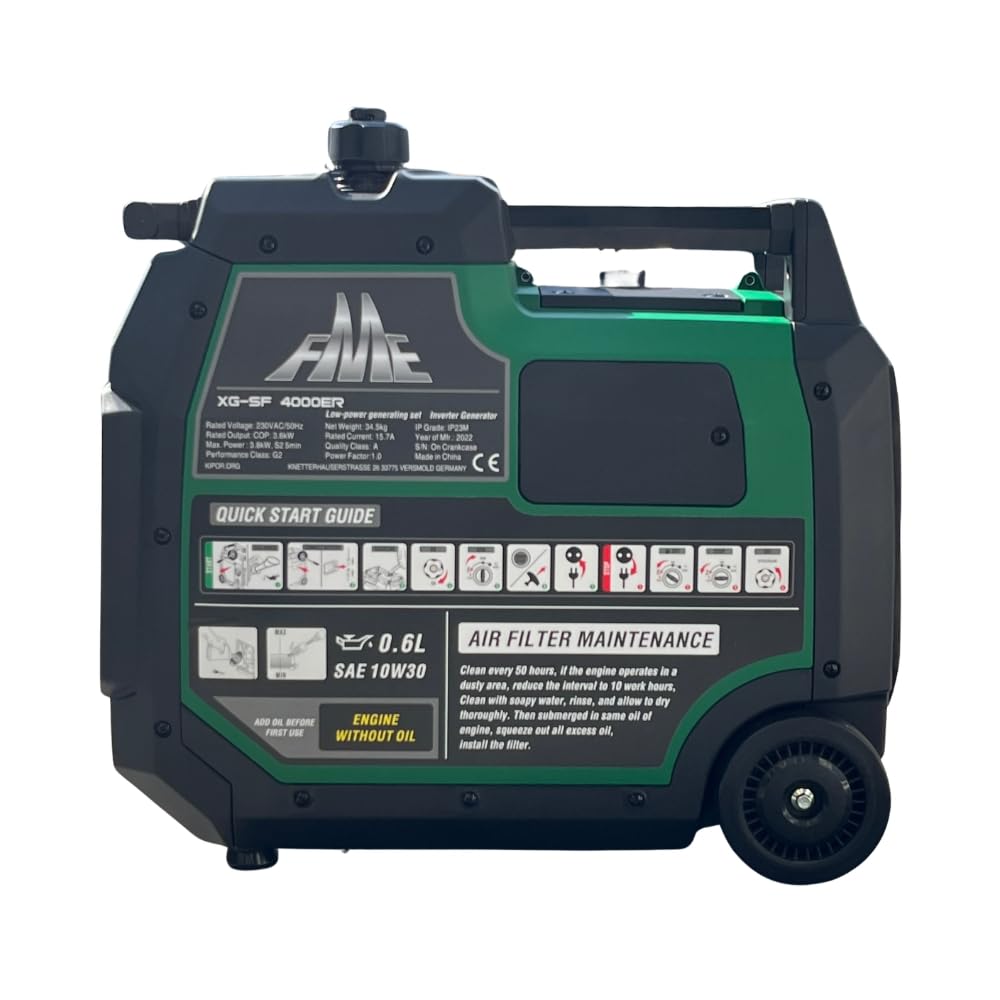 FME Inverter Stromerzeuger 3800 Watt XG-SF 4000ER Benzin Stromgenerator leise 230V 4-Takt Leicht als Notstromaggregat Backup Stromausfälle für Camping Wohnwagen Garage Baustelle