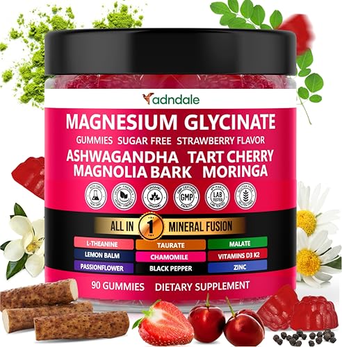 Adndale Magnesium Glycinate 400 mg Gummies with Ashwagandha Magnesium Malate & Taurate Tart Cherry Magnolia Bark Lemon Balm Passionflower Chamomile L-Theanine Zinc Vitamin K2 & D3. 90CT