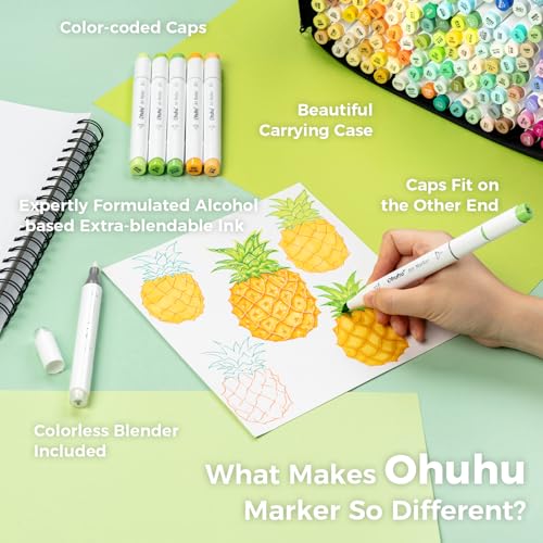 Image of Ohuhu Alcohol Markers Brush Tip-320-color Double Tipped Art Sketch Marker Set for Artists Adults Coloring Illustration-Brush & Chisel Dual Tips-Honolulu Series of Markers - Refillable Ink, Multicolor