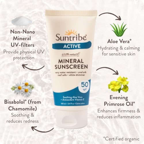 Foto von Suntribe Natürliche Mineralische Bio-Sonnencreme Sport LSF 50/100 ml, 100% Natürlich & Riffsicher, Nanofreie Mineralische UV-Filter, Sehr Wasserfest, Schweißfest - Weißer Schimmer