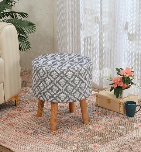 Image of NACIA Printed Ottoman Stool Set of 2 | Soft Cushioned Velvet Pouf Footrest with Wooden Legs | Decorative Seating Stool for Bedroom Living Room Home & Office (16x16x17 Inch, Grey Damask)