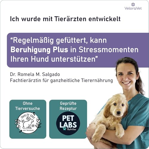 VeloraVet Beruhigungsmittel für Hunde mit Baldrian, Kamille - Natürliche Beruhigung & Seelenruhe als leckerer Snack für deinen Hund - Ideal bei Angst, Stress, Silvester, Autofahren - 70 Stück